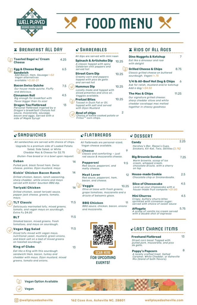 Well Played Board Game Cafe food menu as of June 2026